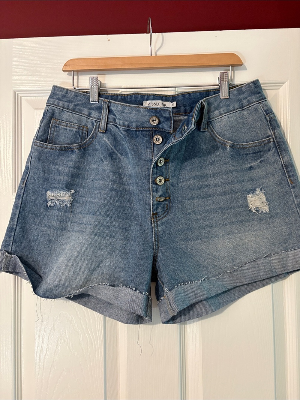 MISSLOOK Medium Blue Button-Front Distressed Jean Shorts